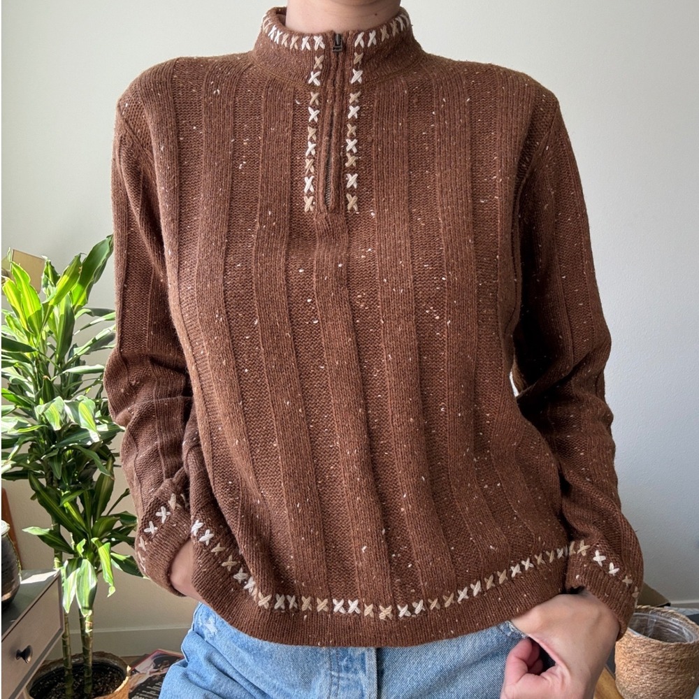 Woolrich Womens Dark Clove Brown Flecked Ribbed Quarter Zip Sweater Size S 9506